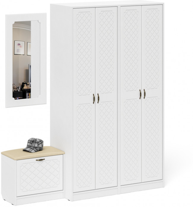 Прихожая П-6 Компоновка № 08, цвет белая шагрень/фасады МДФ белое дерево фрезеровка ромб, ШхГхВ 180х50х210 см., универсальная сборка