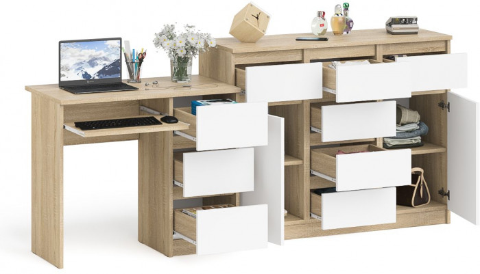 Мори Стол компьютерный МС-6 правый + Комод МК1200.4, цвет дуб сонома/белый, ШхГхВ 210,4х50х94 см., выдвижные ящики справа, НЕ универсальная сборка