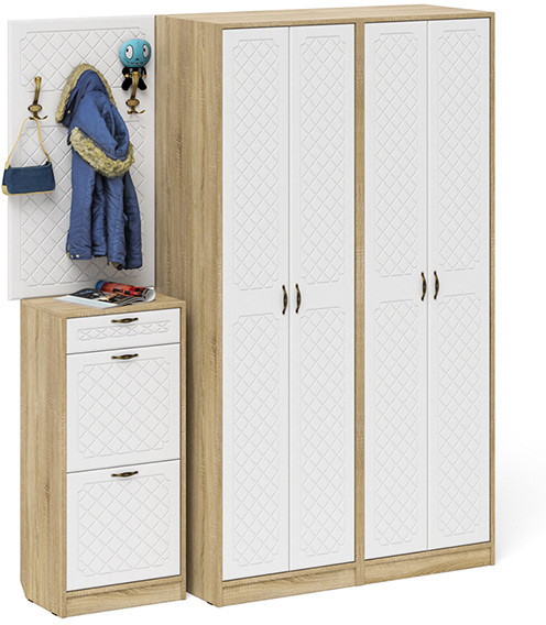 Прихожая П-6 Компоновка № 15, цвет дуб сонома/фасады МДФ белое дерево фрезеровка ромб, ШхГхВ 180х50х210 см., универсальная сборка