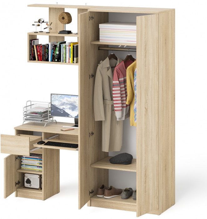 Мори компьютерный стол МС-1 левый + Шкаф МШ800.1 + Полка 900, дуб сонома