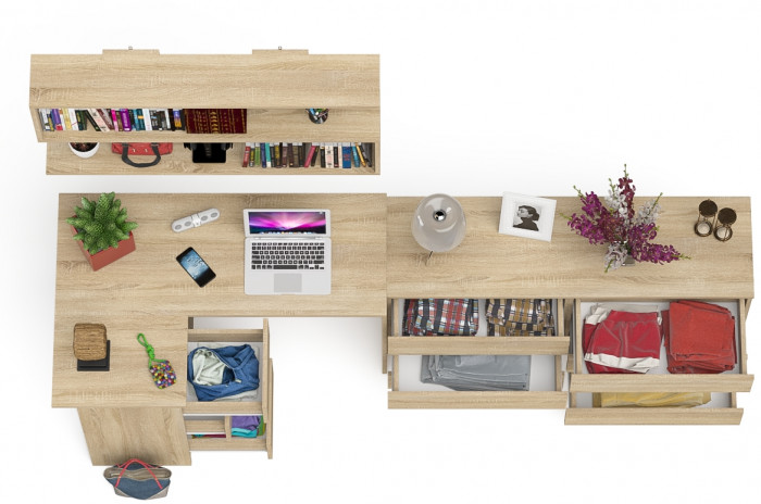 Мори компьютерный стол МС-16 левый + Комод МК1380.6 + Полка 1200, дуб сонома