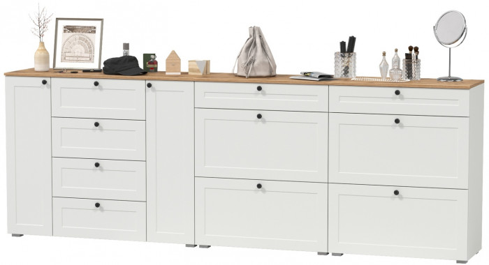 Остин 16.221 Комод + 16.121 Тумба для обуви + 16.121 Тумба для обуви, белый шагрень/дуб крафт золотой