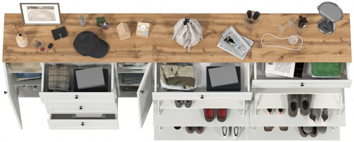 Остин 16.221 Комод + 16.121 Тумба для обуви + 16.121 Тумба для обуви, белый шагрень/дуб крафт золотой