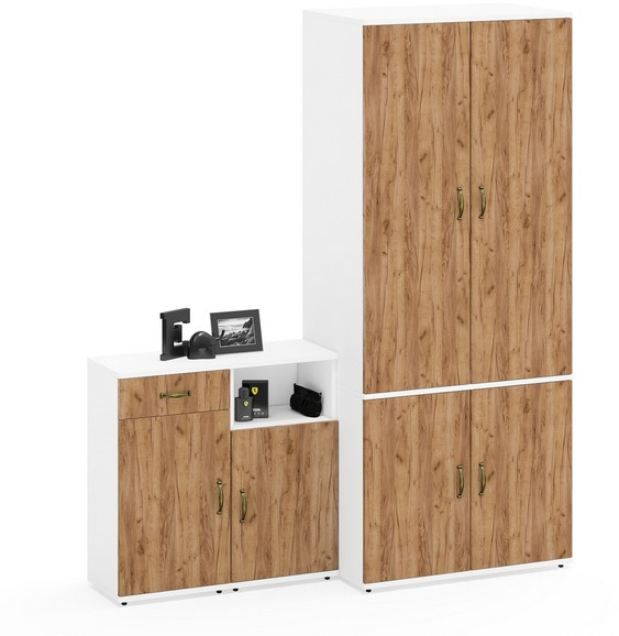 Лидер-8 Шкаф МД 19Б + Тумба МД 3.15 + Тумба МД 3.19, цвет белый шагрень/крафт золото, ШхГхВ 160х50х190 см., универсальная сборка