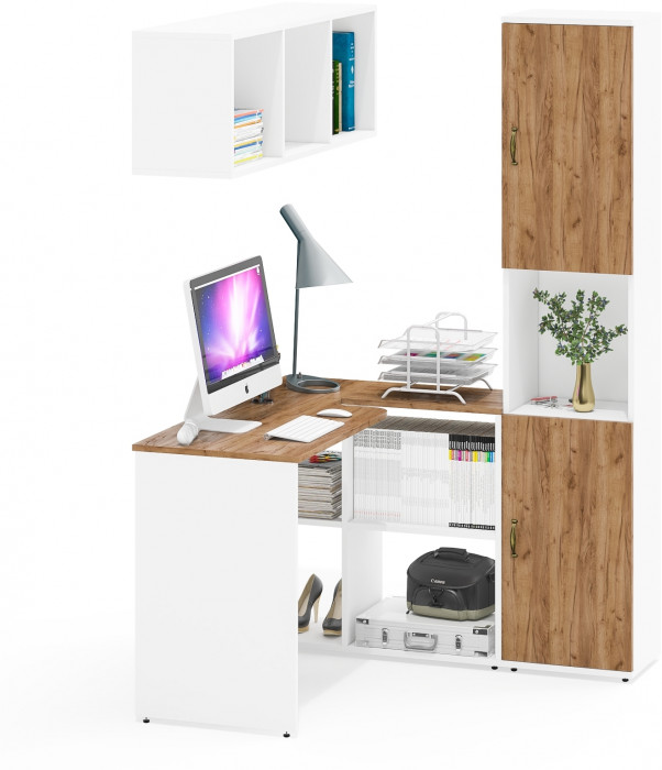 Лидер-8 Стол + Полка + Пенал, цвет белый шагрень/крафт золото, ШхГхВ 205х50/30х75/190 или 115х50/120х75/190 см., НЕ универсальная сборка