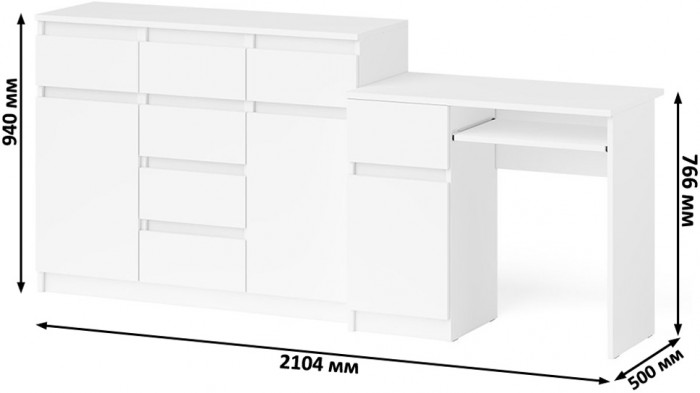 Мори Стол компьютерный МС-1 левый + Комод МК1200.4, цвет белый, ШхГхВ 210,4х50х94 см., выдвижной ящик слева, НЕ универсальная сборка