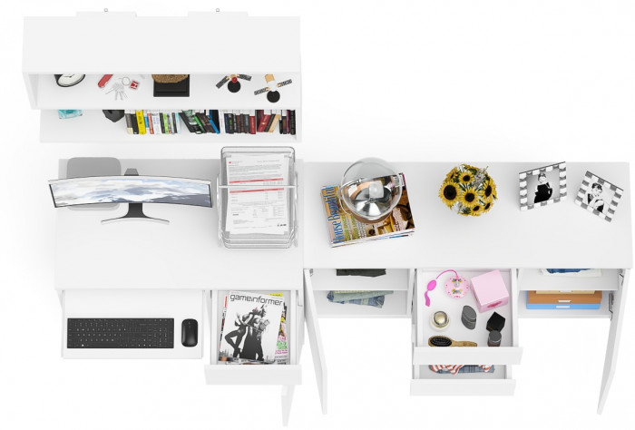 Мори Стол компьютерный МС-1 правый + Комод МК1200.3 + Полка 900, цвет белый, ШхГхВ 210,4х50х209,6 см., НЕ универсальная сборка