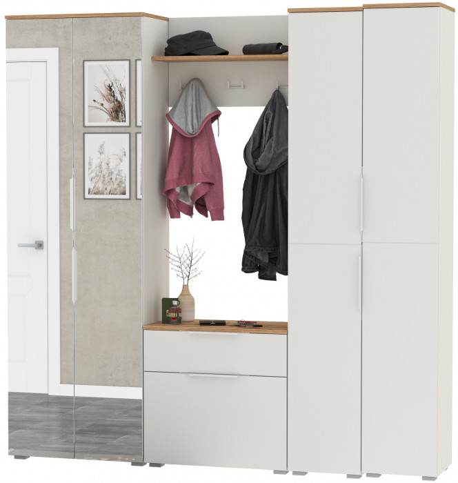 Октава Прихожая 29, цвет белый шагрень/дуб крафт золотой/фасады МДФ белый шагрень, ШхГхВ 193,7х35,4х197,6 см., универсальная сборка