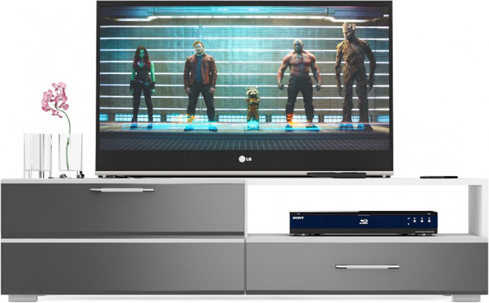 Тумба под ТВ Ларго 1, корпус белый/фасады МДФ графитово-серый глянец