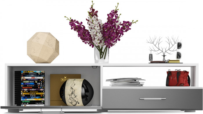 Тумба под ТВ Ларго 1, корпус белый/фасады МДФ графитово-серый глянец