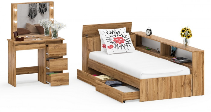 Ксения Кровать с ящиками 0900 + прикроватный блок + Столик с подсветкой Сура, дуб вотан