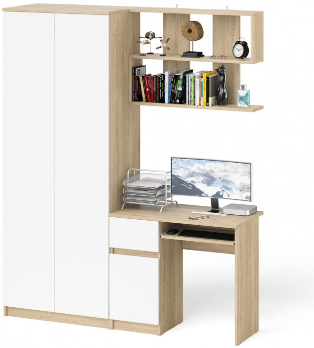 Мори компьютерный стол МС-1 левый + Шкаф МШ800.1 + Полка 900, дуб сонома/белый