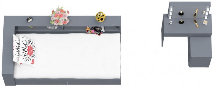 Ксения Кровать с ящиками 0900 + прикроватный блок + Столик с подсветкой 110, графит