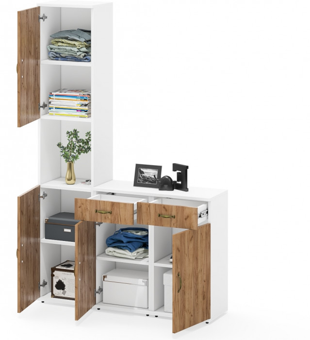 Лидер-8 Пенал + Тумба МД 3.15 + Тумба МД 3.15, белый шагрень/крафт золото