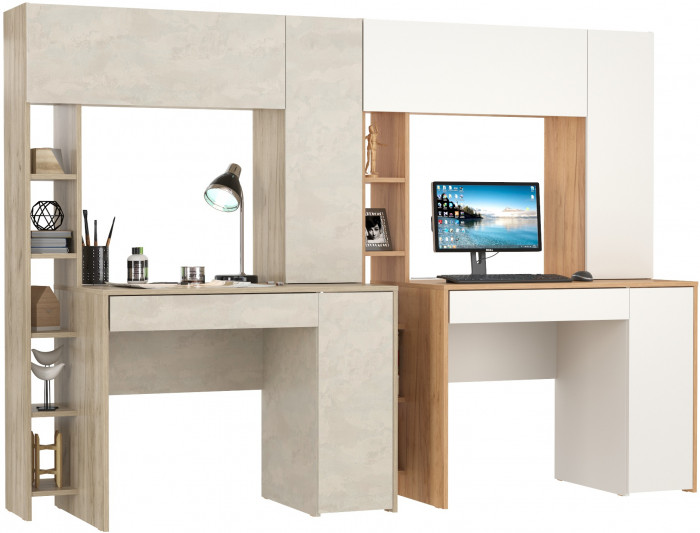 КР100 Два стола компьютерных Комфорт 12.71, цвет дуб крафт серый/шёлковый камень/дуб золотой/белый, ШхГхВ 233,4х60,2х165,4 см., НЕ универс. сборка
