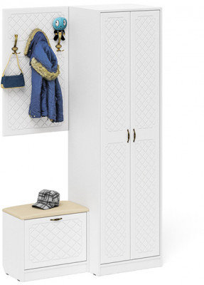 Прихожая П-6 Компоновка № 12, белая шагрень/фасады МДФ белое дерево фрезеровка ромб