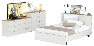 Остин 11.53 Кровать + ортопед + 16.240 Комод + 16.221 Комод, белый шагрень/дуб крафт золотой