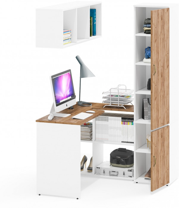 Лидер-8 Стол + Полка + Пенал МД 22Б, цвет белый шагрень/крафт золото, ШхГхВ 205х50/37,5х75/190 или 115х50/120х75/190 см., НЕ универсальная сборка