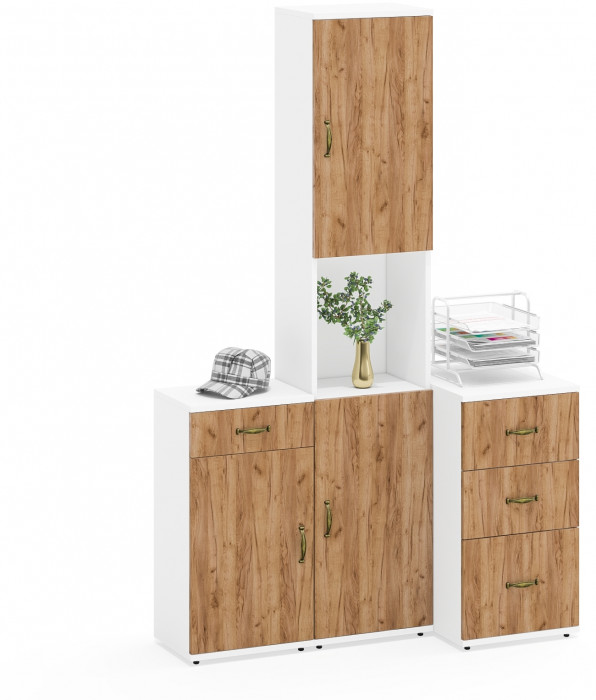 Лидер-8 Пенал + Тумба МД 3.15 + Тумба МД 3.16, белый шагрень/крафт золото