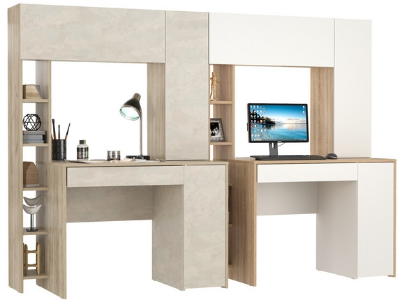 КР100 Два стола компьютерных Комфорт 12.71, цвет дуб крафт серый/шёлковый камень/дуб сонома/белый, ШхГхВ 233,4х60,2х165,4 см., НЕ универсальная сборка