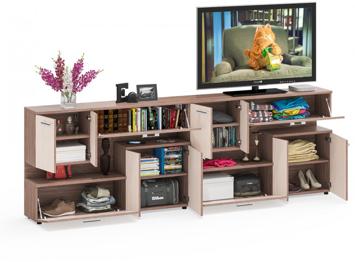 Две тумбы ТВ С-МД-С1-1400, цвет ясень шимо светлый/ясень шимо тёмный, ШхГхВ 280х30х93 см., НЕ универсальная сборка