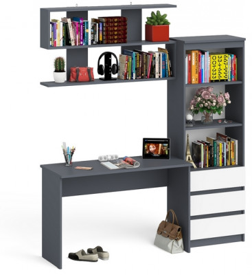 Мори письменный стол МСП1200.1 + Стеллаж МСТ600.3 + Полка 1200, графит/белый