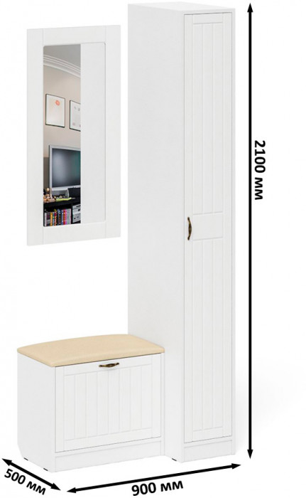 Прихожая П-6 Компоновка № 40, цвет белая шагрень/фасады МДФ белое дерево фрезеровка прованс, ШхГхВ 90х50х210 см., универсальная сборка