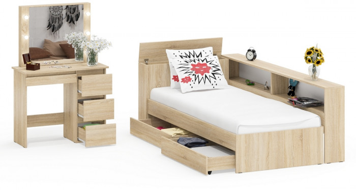 Ксения Кровать с ящиками 0900 + прикроватный блок + Столик с подсветкой Сура, дуб сонома