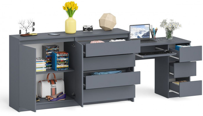 Мори компьютерный стол МС-6 правый + Комод МК1600.1, графит