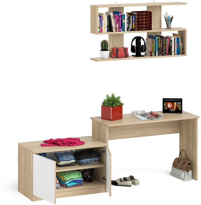 Мори Стол письменный МСП1200.1 + Тумба МА900.1 + Полка 1200, цвет дуб сонома/белый, ШхГхВ 210,8х50,4х209,6 см., универсальная сборка