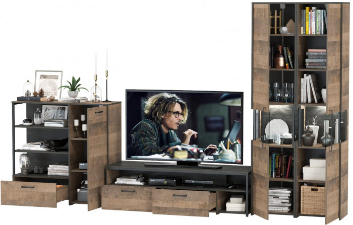 Трувор Гостиная 036, цвет дуб гранж песочный/интра, ШхГхВ 348,4х45,4х210 см., универсальная сборка