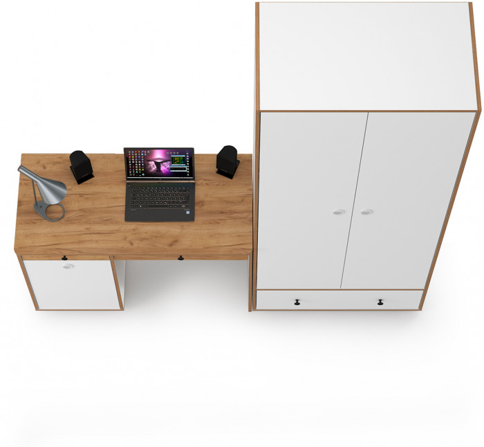 Вуди Компоновка № 21, цвет белый премиум/дуб крафт золотой, ШхГхВ 196х52,7х205 см., универсальная сборка