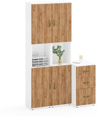 Лидер-8 Пенал + Пенал + Тумба МД 3.16, цвет белый шагрень/крафт золото, ШхГхВ 120х50х190 см., универсальная сборка