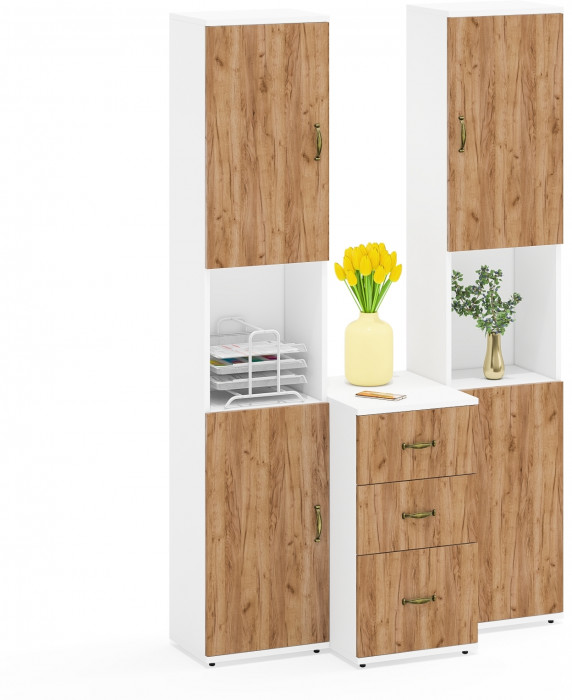 Лидер-8 Пенал + Пенал + Тумба МД 3.16, цвет белый шагрень/крафт золото, ШхГхВ 120х50х190 см., универсальная сборка