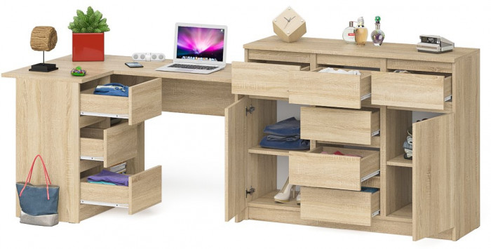 Мори Стол компьютерный МС-16 левый + Комод МК1200.4, цвет дуб сонома, ШхГхВ 244,8х84,9х94 см., выдвижные ящики слева, НЕ универсальная сборка