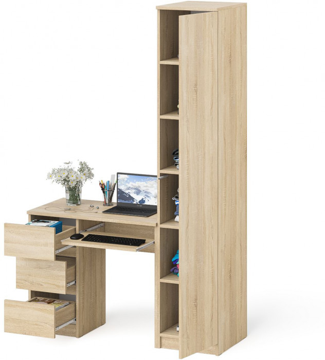 Мори Стол компьютерный МС-6 левый + Пенал МШ400.1, цвет дуб сонома, ШхГхВ 130,4х50,4х209,6 см., выдвижные ящики слева, НЕ универсальная сборка