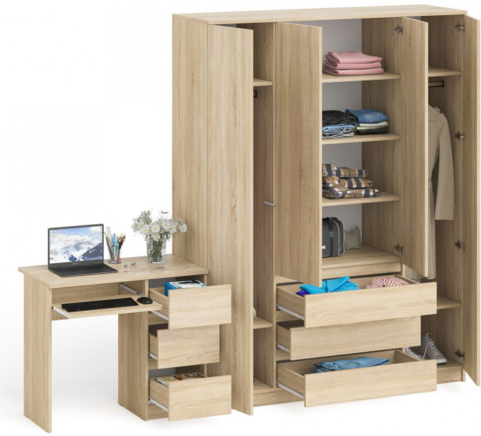 Мори Стол компьютерный МС-6 правый + Шкаф МШ1600.1, цвет дуб сонома, ШхГхВ 250,4х50,4х209,6 см., выдвижные ящики справа, НЕ универсальная сборка