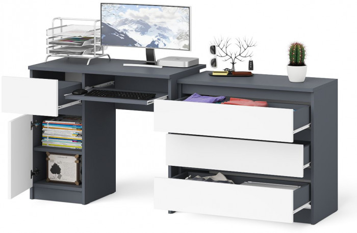 Мори компьютерный стол МС-1 левый + Комод МК800.1, графит/белый