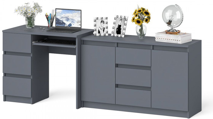 Мори Стол компьютерный МС-6 левый + Комод МК1200.3, цвет графит, ШхГхВ 210,4х50х76,6 см., выдвижные ящики слева, НЕ универсальная сборка