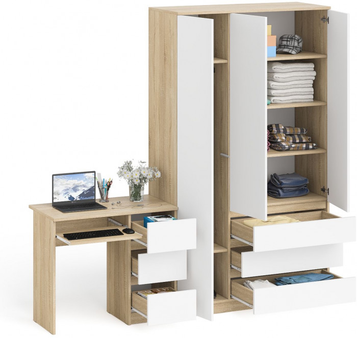 Мори Стол компьютерный МС-6 правый + Шкаф МШ1200.1, цвет дуб сонома/белый, ШхГхВ 210,4х50,4х209,6 см., выдвижные ящики справа, НЕ универсальная сборка