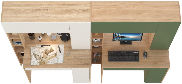 КР100 Два стола компьютерных Комфорт 12.71, цвет дуб сонома/белый/гикори рокфорд натуральный/дымчатый зелёный, ШхГхВ 233,4х60,2х165,4 см., НЕ ун. сб.