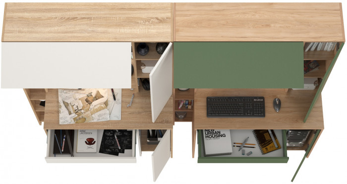 КР100 Два стола компьютерных Комфорт 12.71, цвет дуб сонома/белый/гикори рокфорд натуральный/дымчатый зелёный, ШхГхВ 233,4х60,2х165,4 см., НЕ ун. сб.