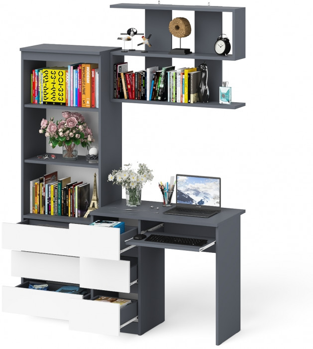 Мори компьютерный стол МС-6 левый + Стеллаж МСТ600.3 + Полка 900, графит/белый