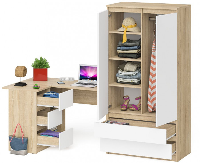 Мори Стол компьютерный МС-16 левый + Шкаф МШ900.1, цвет дуб сонома/белый, ШхГхВ 214,8х84,9х179,6 см., выдвижные ящики слева, НЕ универсальная сборка
