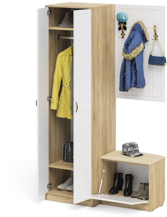 Прихожая П-6 Компоновка № 12, дуб сонома/фасады МДФ белое дерево фрезеровка прованс