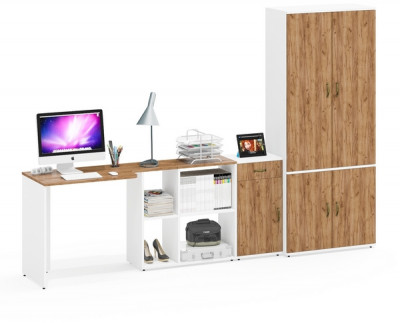 Лидер-8 Стол + Тумба МД 3.15 + Шкаф МД 20Б, цвет белый шагрень/крафт золото, ШхГхВ 285х50/37,5х75/190 или 115х200/50х75/190 см., НЕ ун. сборка