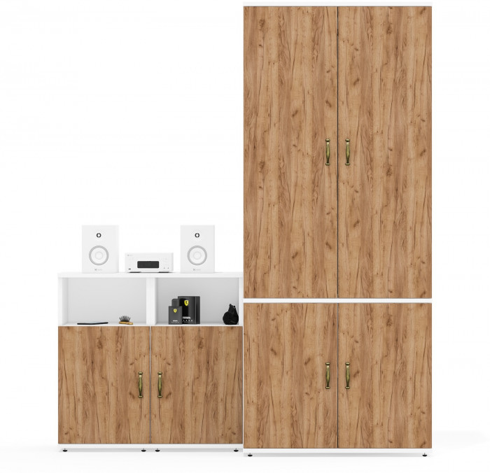 Лидер-8 Шкаф МД 19Б + Тумба МД 3.19 + Тумба МД 3.19, цвет белый шагрень/крафт золото, ШхГхВ 160х50х190 см., универсальная сборка