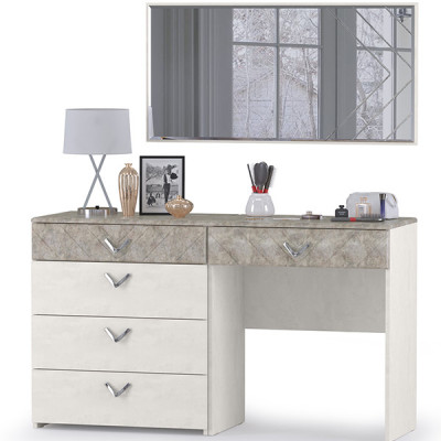 Амели Комод 13.106 + Стол туалетный 12.48 + Зеркало, цвет шёлковый камень/бетон чикаго беж, ШхГхВ 130х41,3х145 см., универсальная сборка