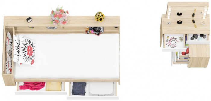 Ксения Кровать с ящиками 0900 + прикроватный блок + Столик с подсветкой 110, дуб сонома/белый