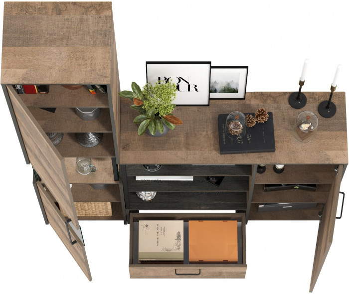 Трувор 13.205 Шкаф-пенал с витриной + 13.307.01 Комод, цвет дуб гранж песочный/интра, ШхГхВ 153,8х37х210 см., универсальная сборка